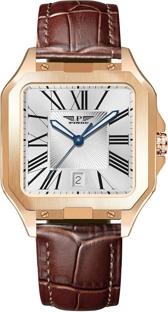 glenaw 男士自动手表,背心商务礼服手表方形机械手表男士手表简约放大